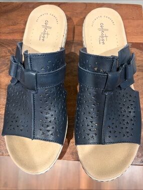 Clarks Navy Perforated Adjustable Slide Sandals